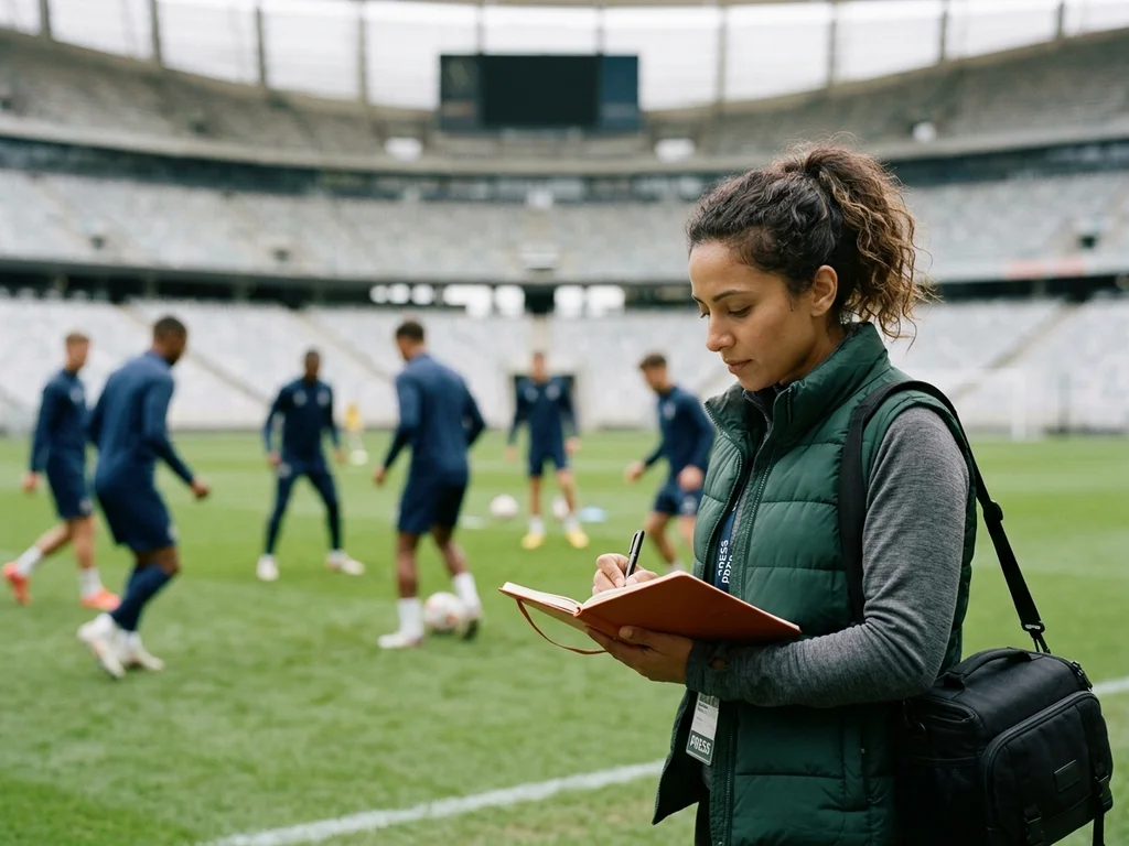 Journaliste en gilet vert prenant des notes lors d'un entraînement de l'équipe de sport.